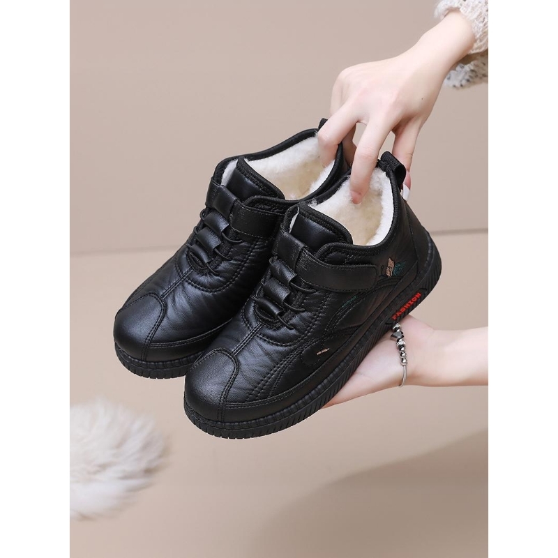 他她女孩2025冬季新款老北京棉鞋女加绒加厚保暖皮面防水软底妈妈