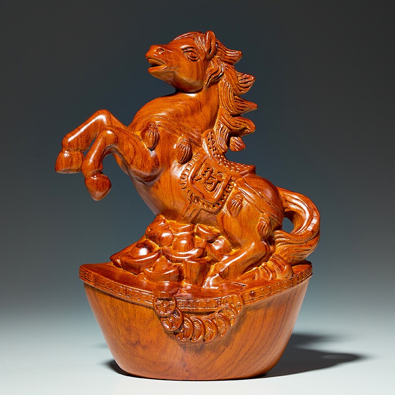 花梨木雕生肖马摆件马到成功实木元宝马客厅玄关办公室店铺装饰品