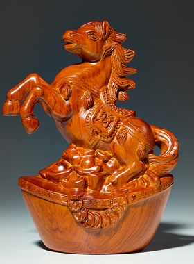 花梨木雕生肖马摆件马到成功实木