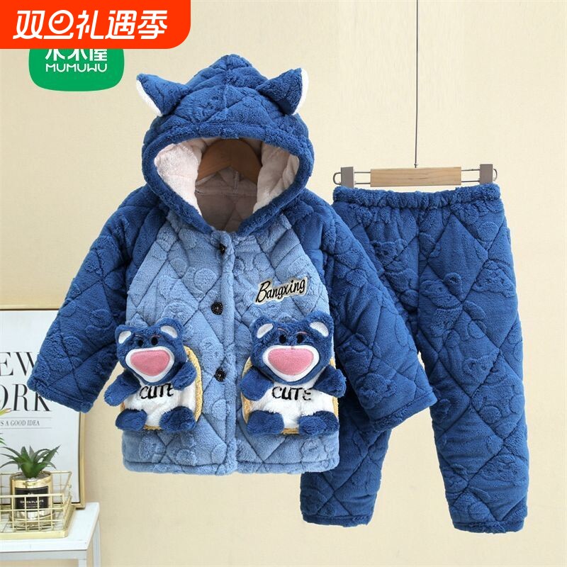 木木屋冬季三层加厚法兰绒儿童睡衣保暖套装加绒可外穿新款家居