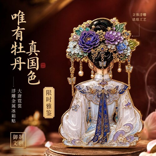 非遗国潮簪花服饰金属磁吸冰箱贴