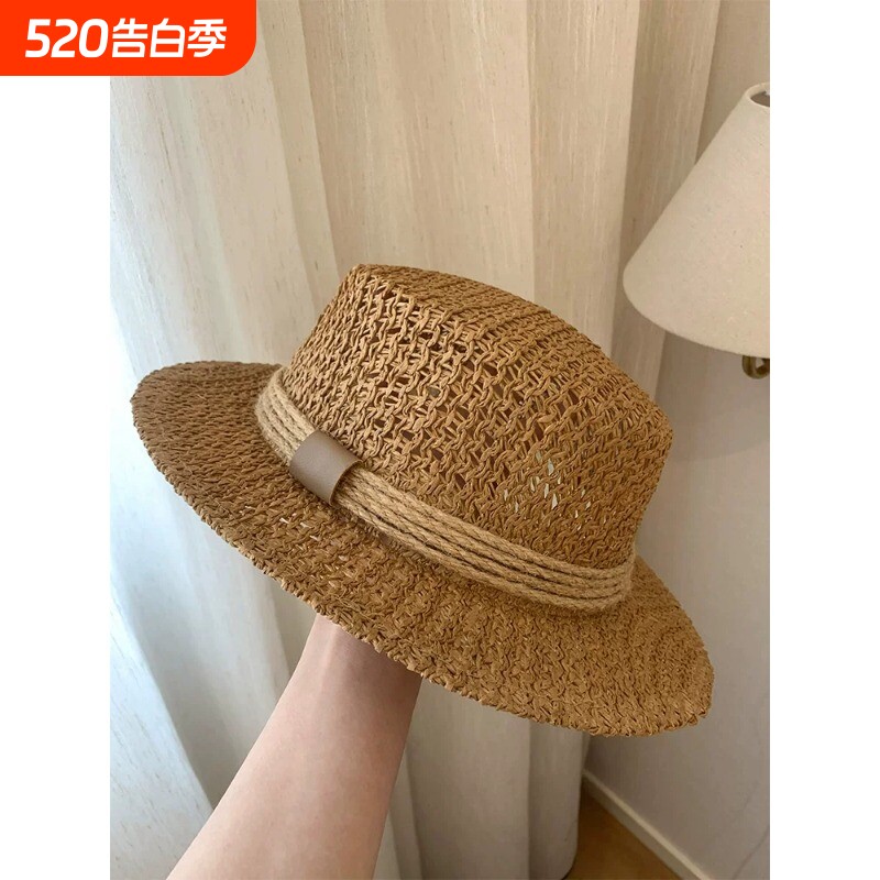 法式复古夏季镂空编织草帽女夏季沙滩度假平顶礼帽户外防晒遮阳帽