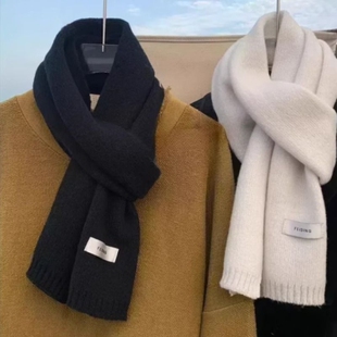 冬季男款围巾纯色平板针织毛线百搭情侣加厚保暖围脖红色灰色咖色