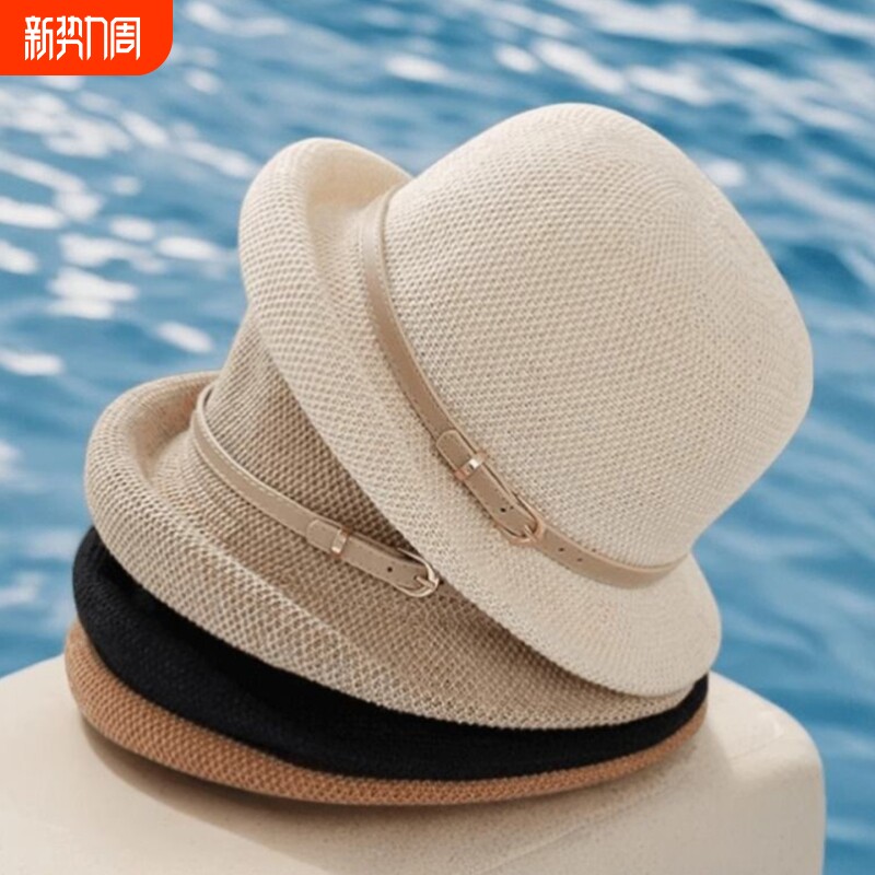 遮阳帽女春秋夏季出游小沿卷边礼帽透气薄款盆帽防晒渔夫帽圆顶