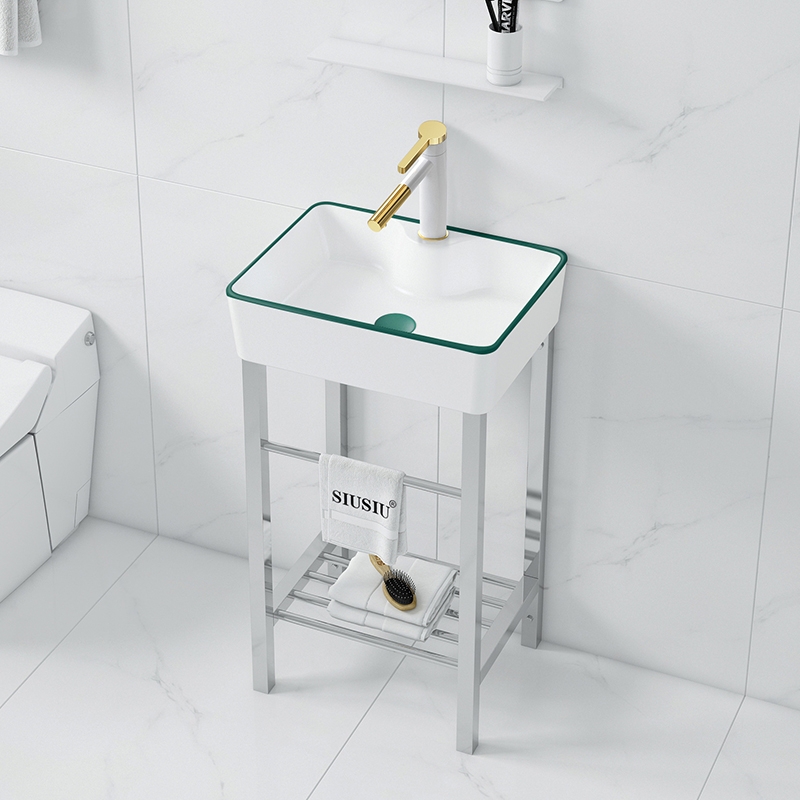 现代墨绿边陶瓷洗手盆落地式不锈钢支架卫生间阳台挂墙洗漱水脸盆