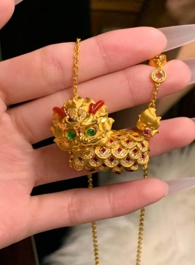 【瑞麟纳福】镂空麒麟项链红绿点睛花丝国潮招财神兽新年毛衣链新