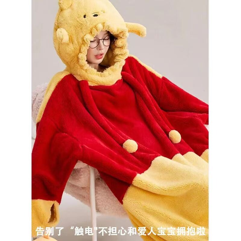 冬季居家保暖加厚加绒珊瑚绒黄色小熊宽松保暖冬天纯色家居法兰绒