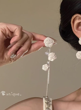 【花枝浮梦】超仙闪钻玫瑰耳钉长款流苏耳坠高级感耳饰女2026新款