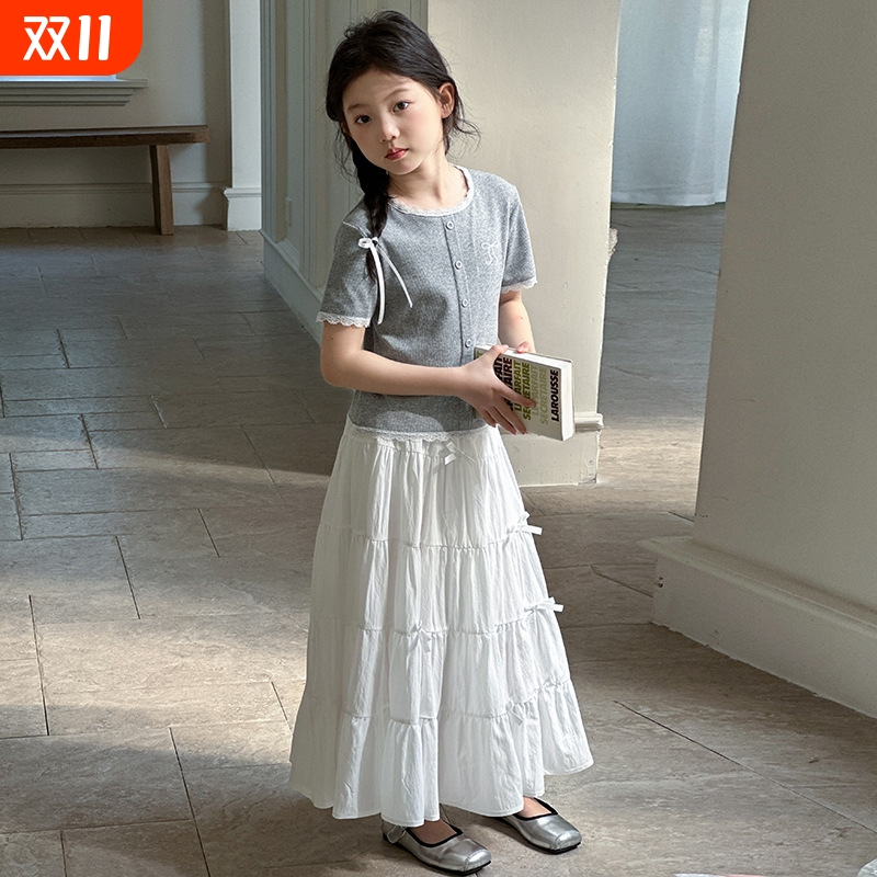 女童短袖半身裙套装2025新款儿童夏装T恤女孩蛋糕裙长裙两件潮流