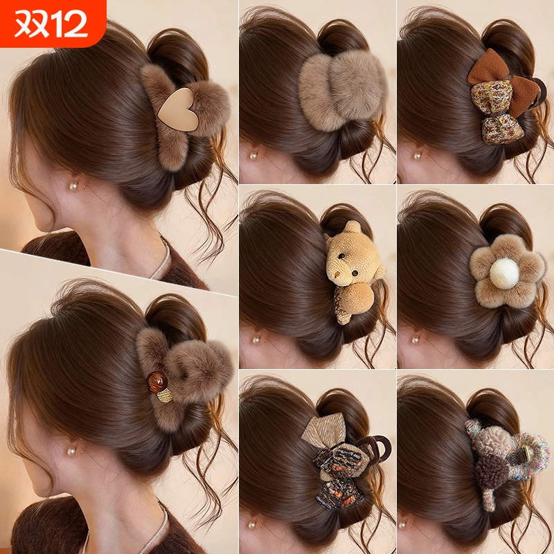 秋冬毛绒发夹后脑勺鲨鱼夹2025新款高级感发量少盘发抓夹头饰发卡