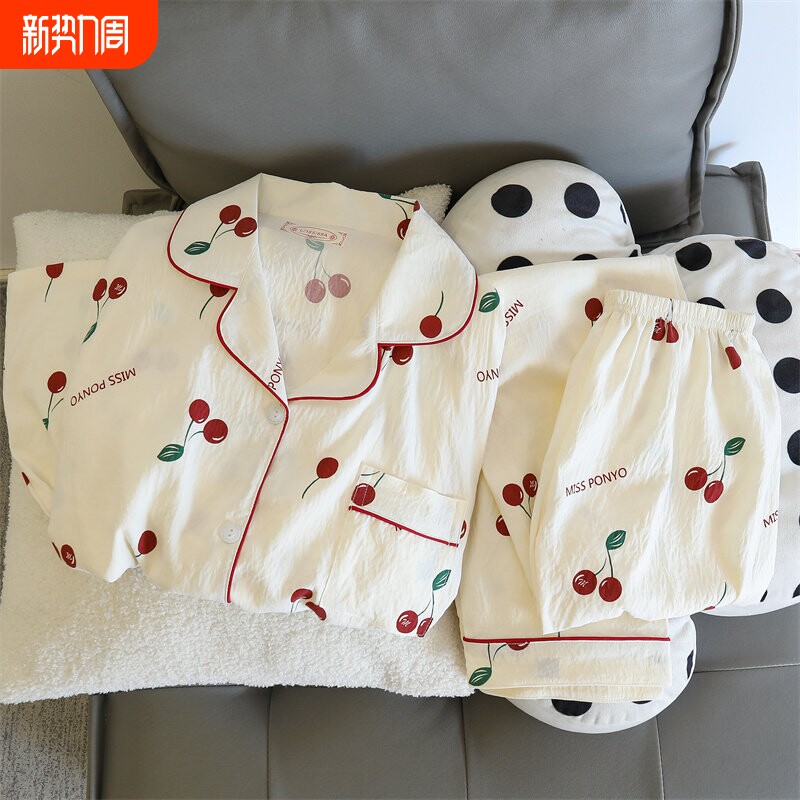 红豆纯棉纱布睡衣女长袖长裤春秋款套装甜美樱桃可外穿开衫家居服