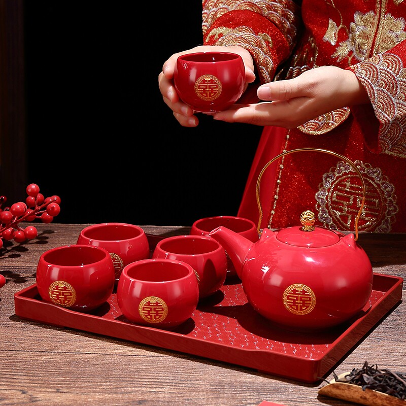 中式喜庆茶具杯壶套装婚庆乔迁家居用品红色伴手礼敬茶茶杯实用 - 实物图