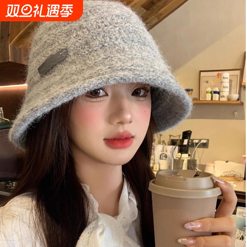 高级感灰色毛绒针织渔夫帽女2025新款秋冬保暖盆帽显脸小水桶帽子