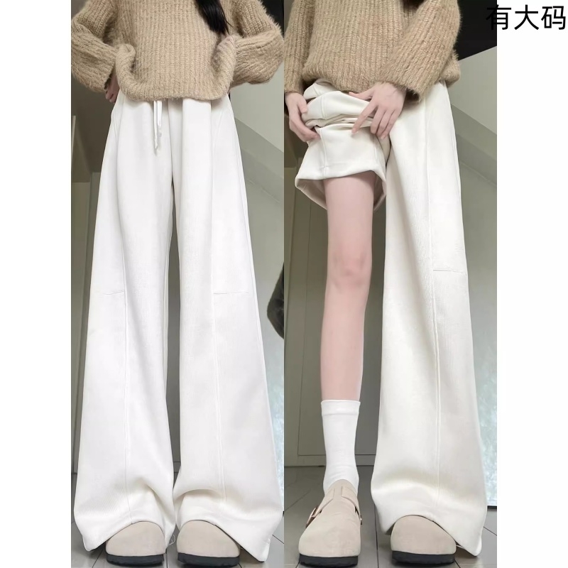 米白色弯刀运动裤女秋2025新款卫裤小个子阔腿裤加绒粉色休闲加长