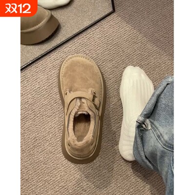 真皮版~厚底增高加绒勃肯鞋保暖一脚蹬棉鞋女百搭单鞋毛毛鞋冬季