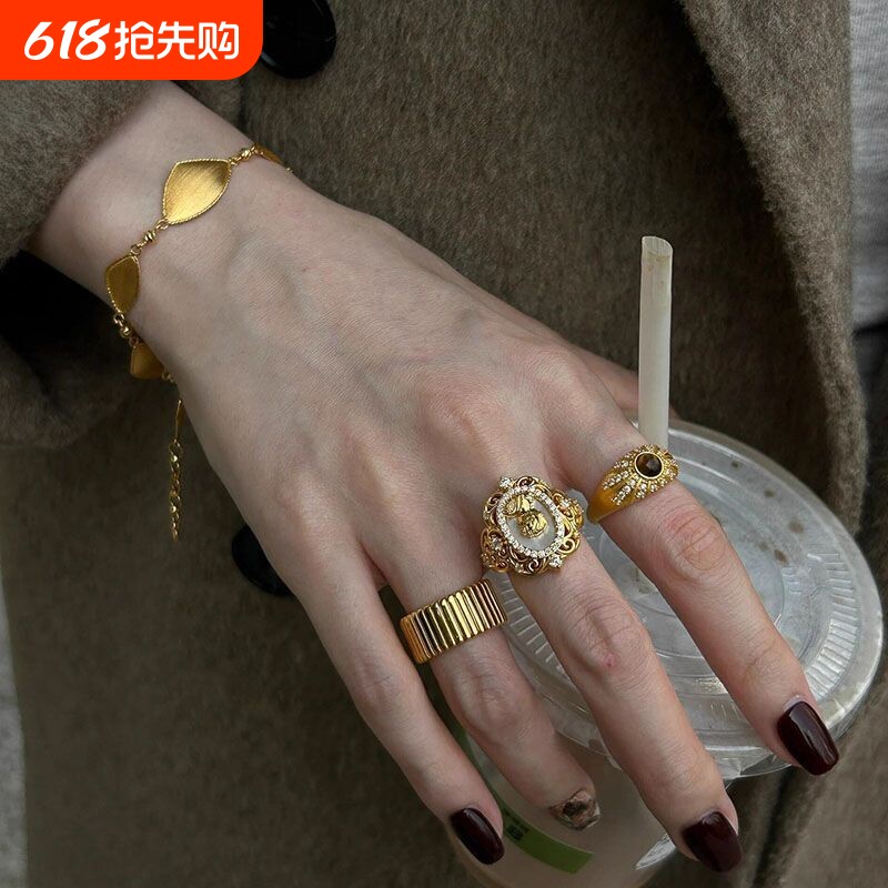 虎眼石油画美人蕾丝戒指女轻奢宫廷风复古气质百搭叠戴食指戒指环