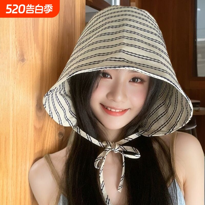 条纹系带渔夫帽女2026新款大帽檐显脸小百搭韩版防晒包头水桶盆帽