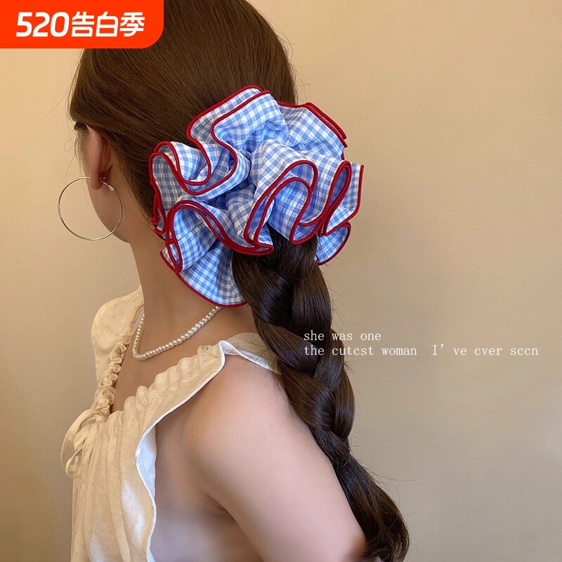 韩系复古蓝色格子大肠发圈女高级感头绳扎头发超大发饰丸子头甜美
