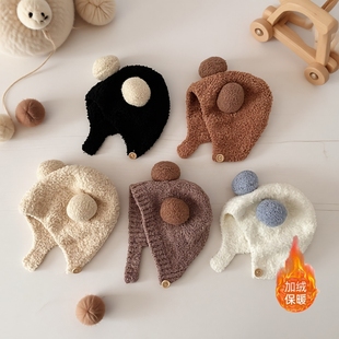 婴儿帽子宝宝秋冬款婴幼儿护耳帽可爱保暖男女针织毛绒帽加厚加绒