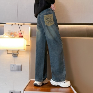 新款 童装 女童加绒裤 子儿童中大童秋冬季 阔腿 加厚一体绒直筒牛仔裤