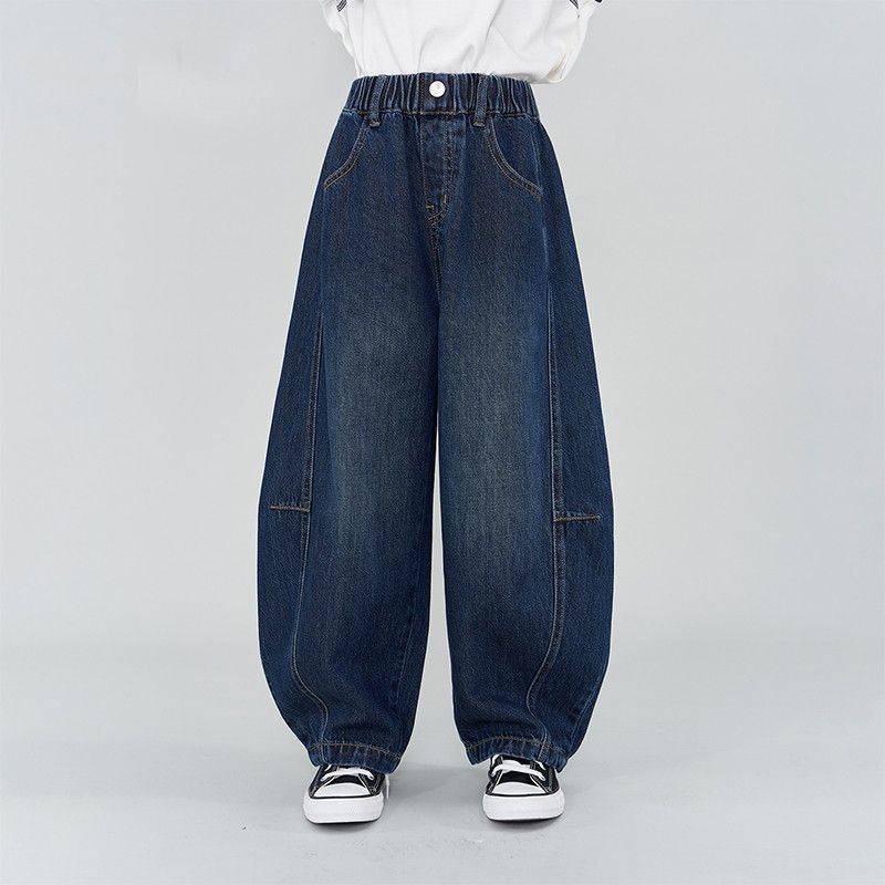 女童时髦拼接牛仔灯笼裤