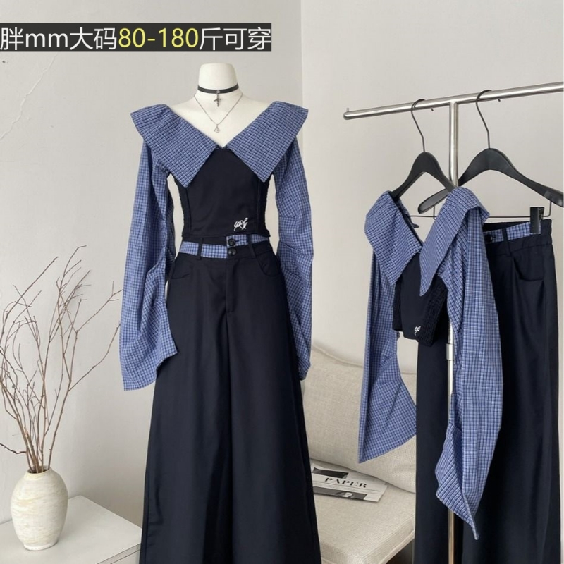 设计感一字肩条纹拼接衬衫上衣女春季高腰阔腿裤两件套大码气质潮