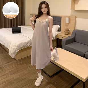 夏天家居服可外穿 睡裙女吊带胸垫夏季 一体2025新款 无袖 睡衣中长款