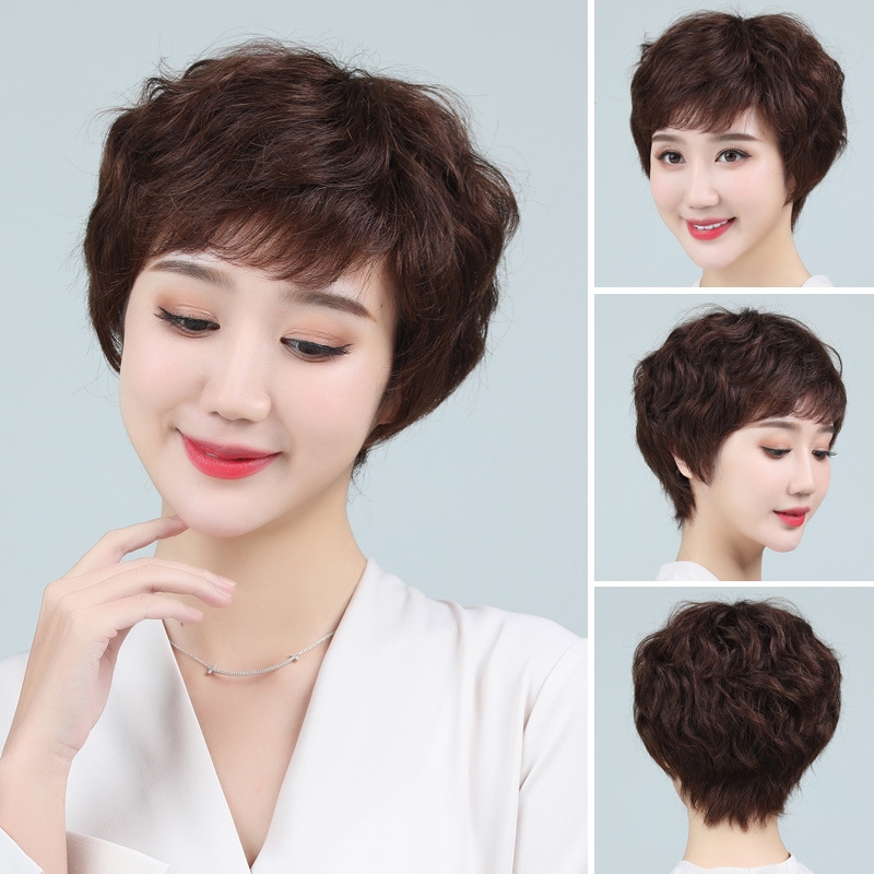 妈妈假发全头套中老年烫发手织逼真自然遮白发短发假发女真发头套