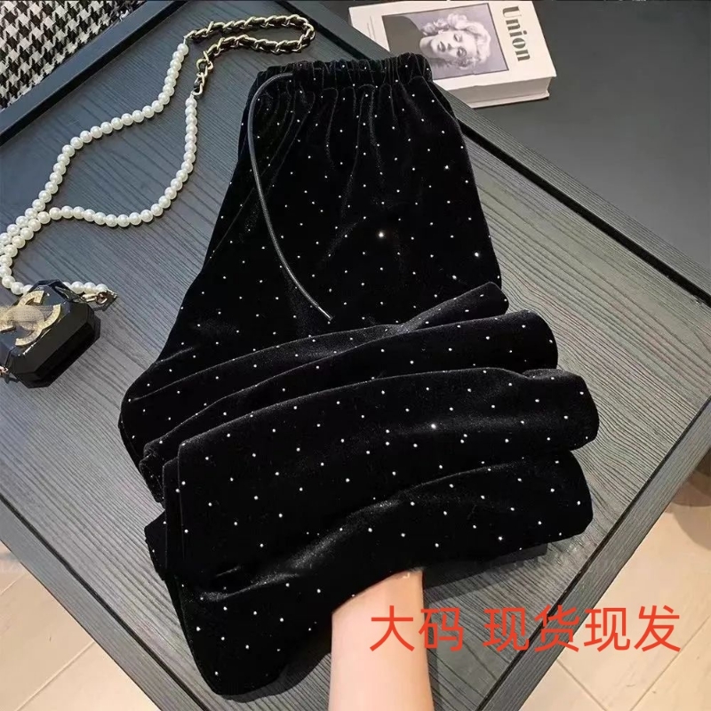 2025春秋新款金丝绒满天星烫钻阔腿裤女大码宽松垂感直筒裤长裤
