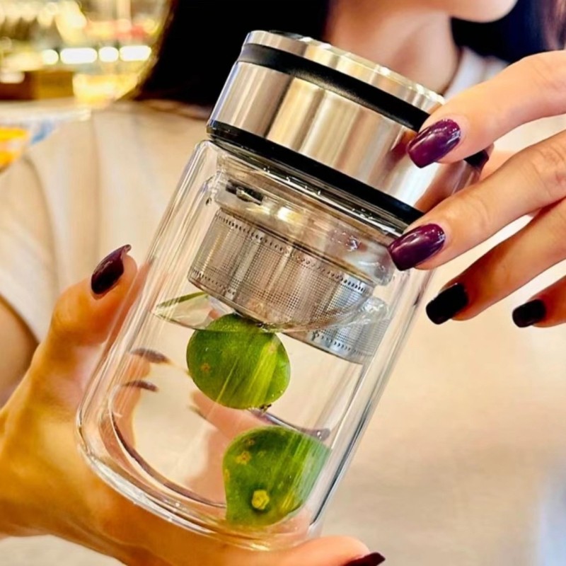 矮胖双层玻璃杯女高颜值水杯小巧加厚隔热泡茶杯茶水分离杯子