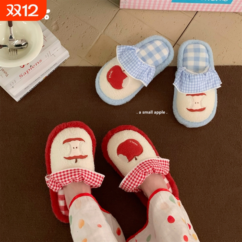 细细条红苹果撞色格子居家毛毛鞋