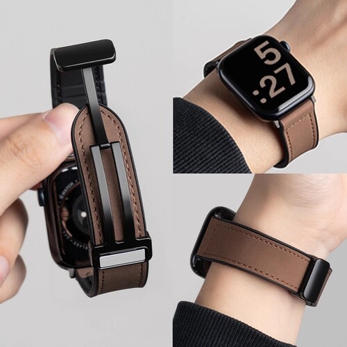 真皮适用iwatch苹果手表applewatch11表带s10版se女款s9高级感s8夏季ultra2s7磁吸扣s65表链棕色皮质黑色绿色