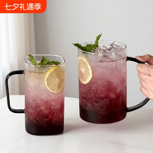 大容量带把高硼硅玻璃杯啤酒杯大号马克杯耐高温家用水果茶杯把手