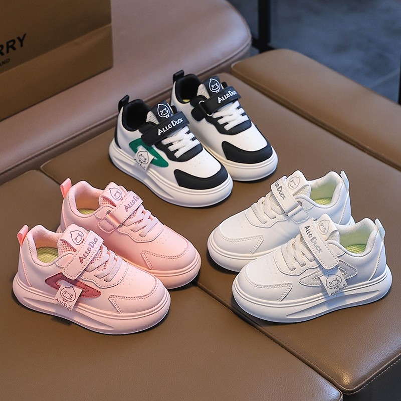 小黄鸭儿童白色运动鞋秋冬季皮面男女童休闲鞋网面透气跑步鞋防滑