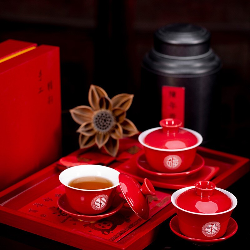 红色杯子中式三才婚庆盖碗喜碗功夫茶具套装陶瓷敬茶杯茶碗礼品