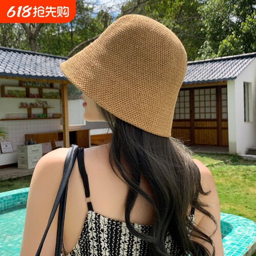日系显脸小针织水桶帽春夏遮阳防晒透气渔夫帽女网红黑色盆帽