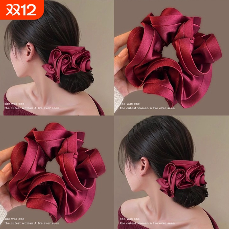 巨好看新年红色木耳边缎面大肠发圈女高级感头绳低丸子头发饰发绳