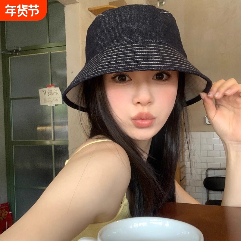 显脸小渔夫帽子女2025遮阳百搭牛仔蓝防晒新款盆帽潮大檐可折叠