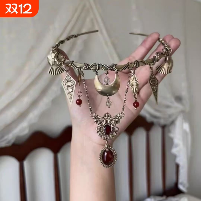 金属绕线重工古铜色神秘月牙项圈中古vintage项链亚文化y2锁骨链