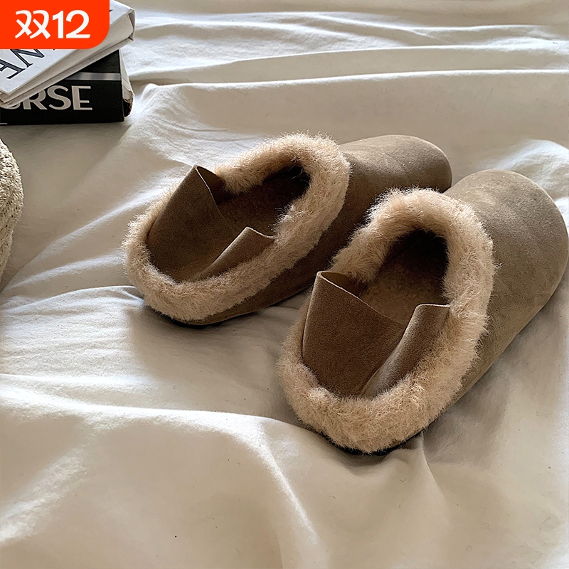 袋鼠~两穿加绒勃肯鞋女冬ins百搭保暖一脚蹬乐福毛毛棉鞋单鞋平底