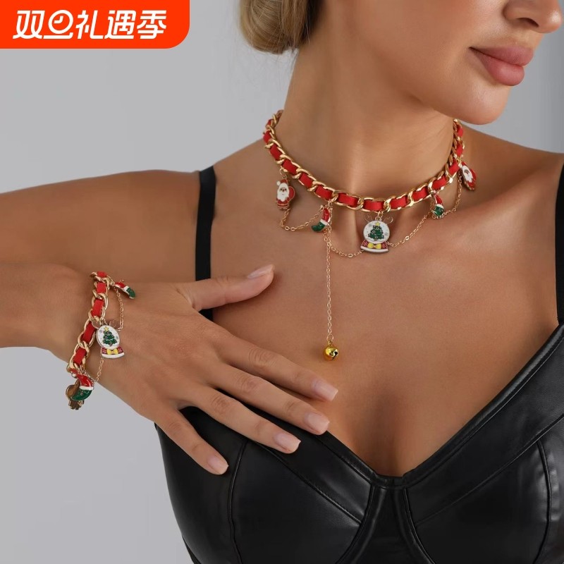 2026卡通项链小众设计圣诞老人铃铛流苏吊坠丝带编织颈链锁骨闺蜜