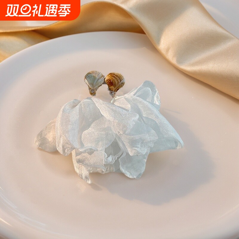 超仙氛围感贝壳雪纺耳钉小众设计高级感耳环温柔气质度假风耳饰女