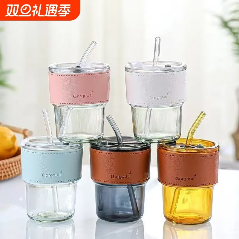 爆款ins高颜值网红竹节杯带杯盖吸管玻璃杯咖啡杯牛奶杯女生便携