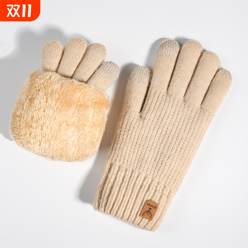 毛线触屏手套女士冬季双层加绒加厚保暖手套户外骑行防寒针织手套