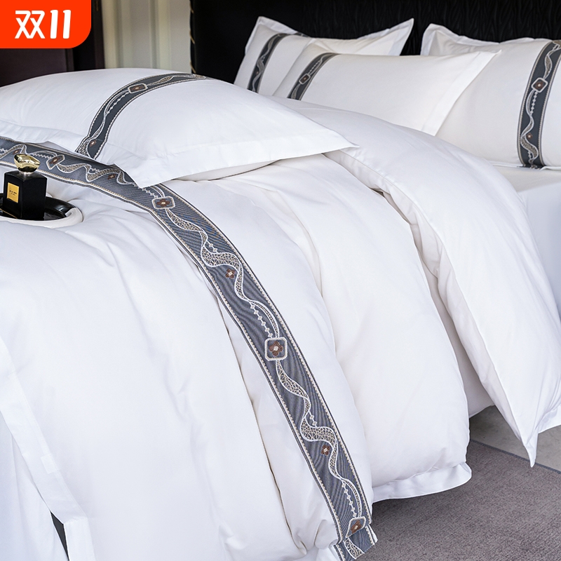 民宿酒店床品四件套宾馆床上用品纯白布草被套床单旅馆三件套专用