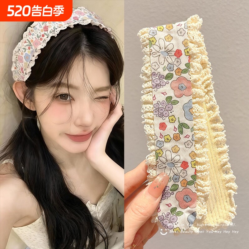 森系田园风蕾丝碎花刘海贴前额碎发魔术贴发箍女不伤发发带
