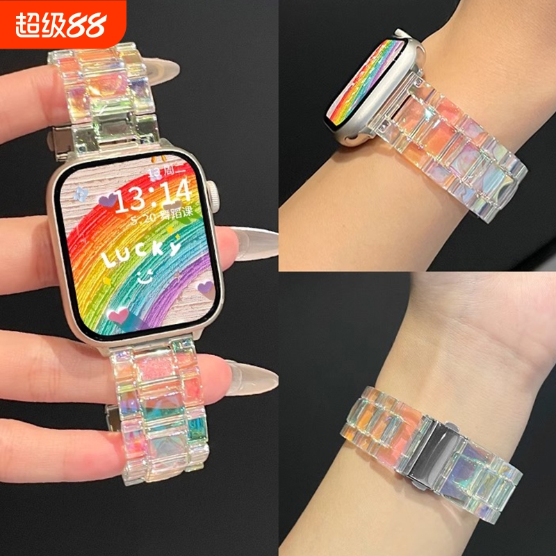适用华为fit4表带watch fit3腕带4pro镭射透明炫彩三珠树脂FIT1/2代智能手表带保护壳运动透气替换带云顶创想