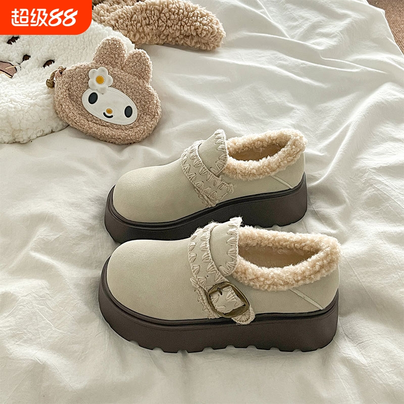 米色松糕厚底增高勃肯鞋女2025新款秋冬季加绒保暖毛毛棉鞋单鞋子