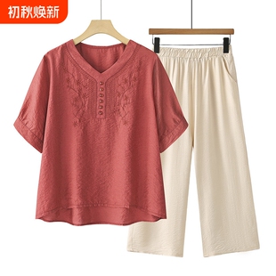 妈妈装夏装套装中老年女装2026新款夏季洋气棉麻短袖小衫上衣衬衫