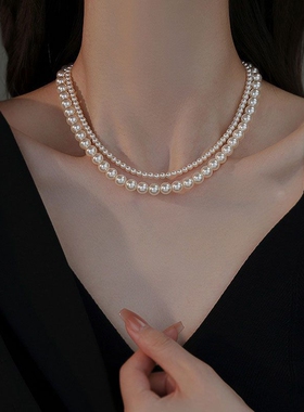 双层珍珠项链叠戴女颈链轻奢小众高级感锁骨链精致毛衣链白色简约